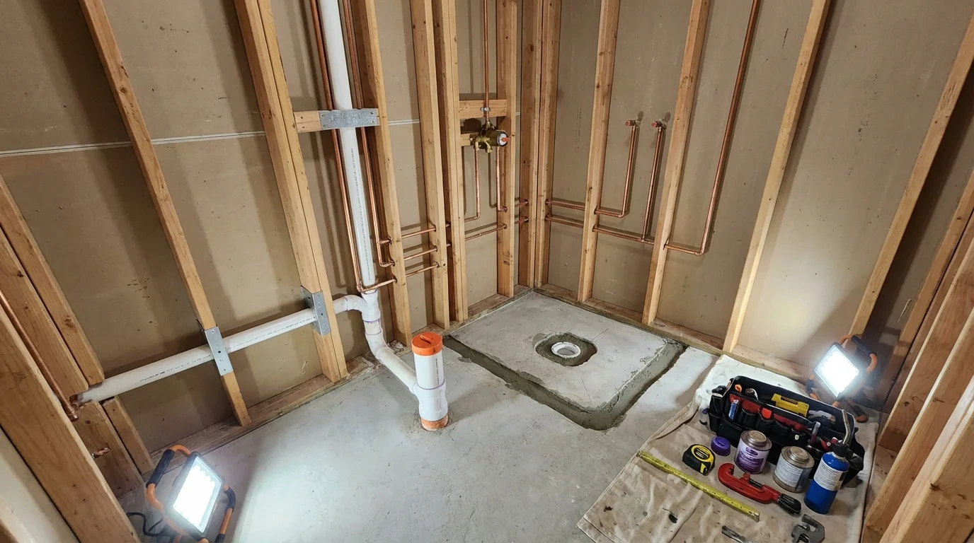 Bathroom rough-in plumbing during remodel by Johns Plumbing LLC in Rumford