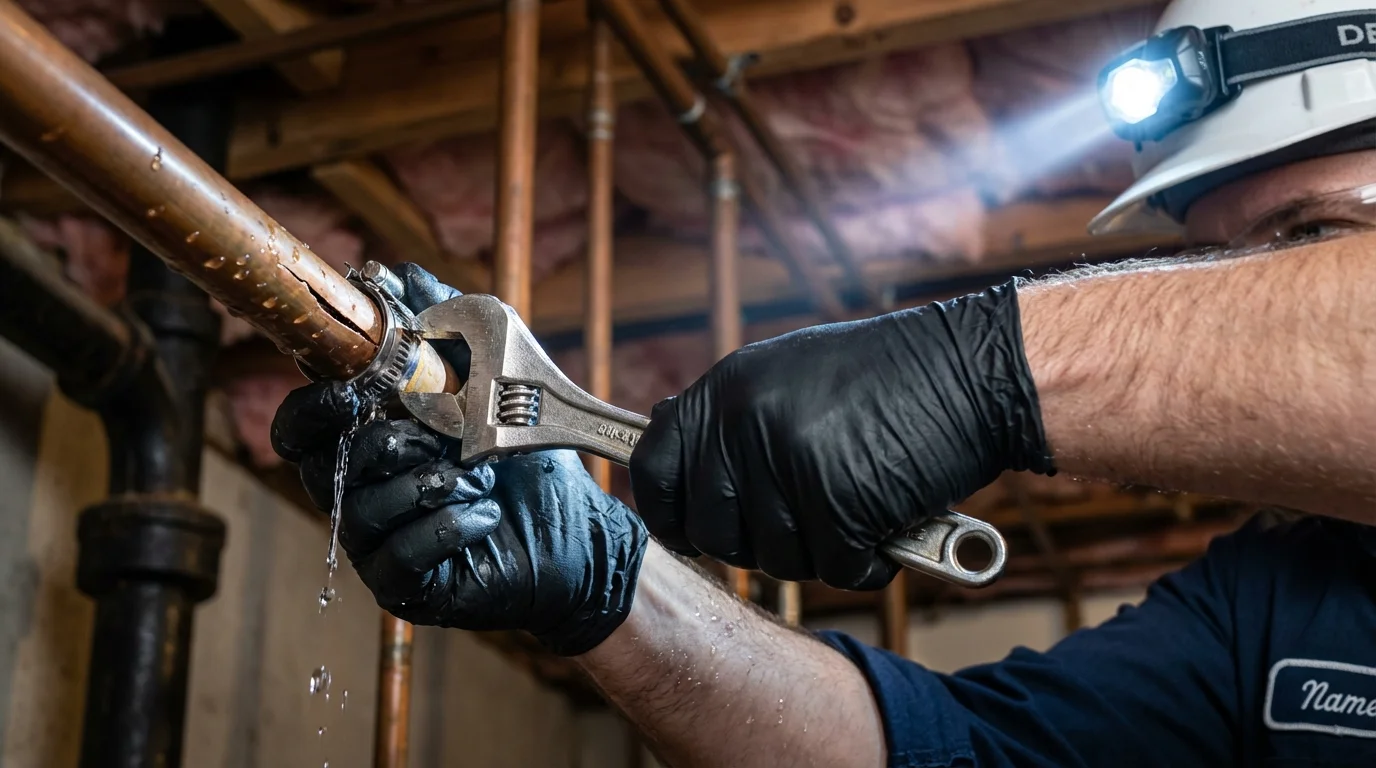 Emergency pipe clamp repair being performed by a Johns Plumbing LLC plumber in Rumford
