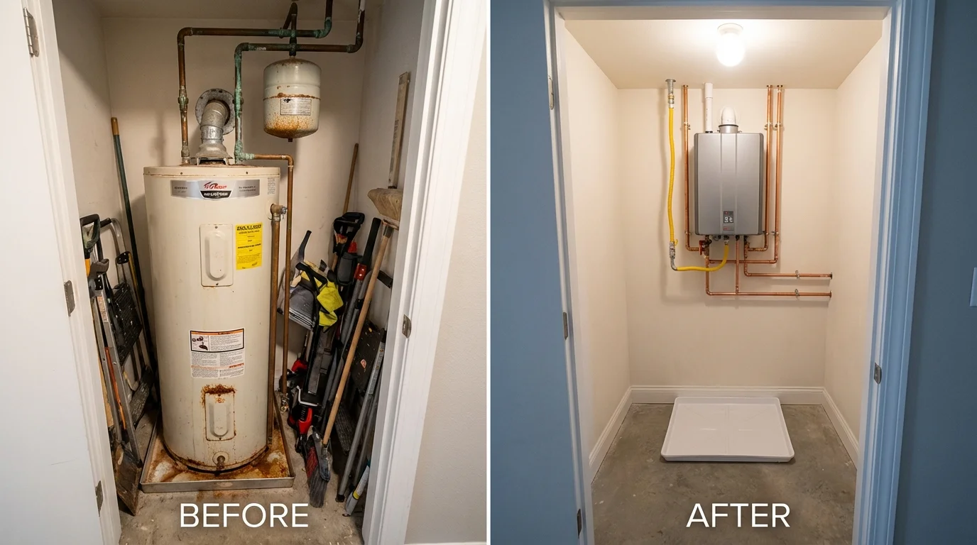 Tank water heater versus wall-mounted tankless unit comparison for Rumford, ME homeowners