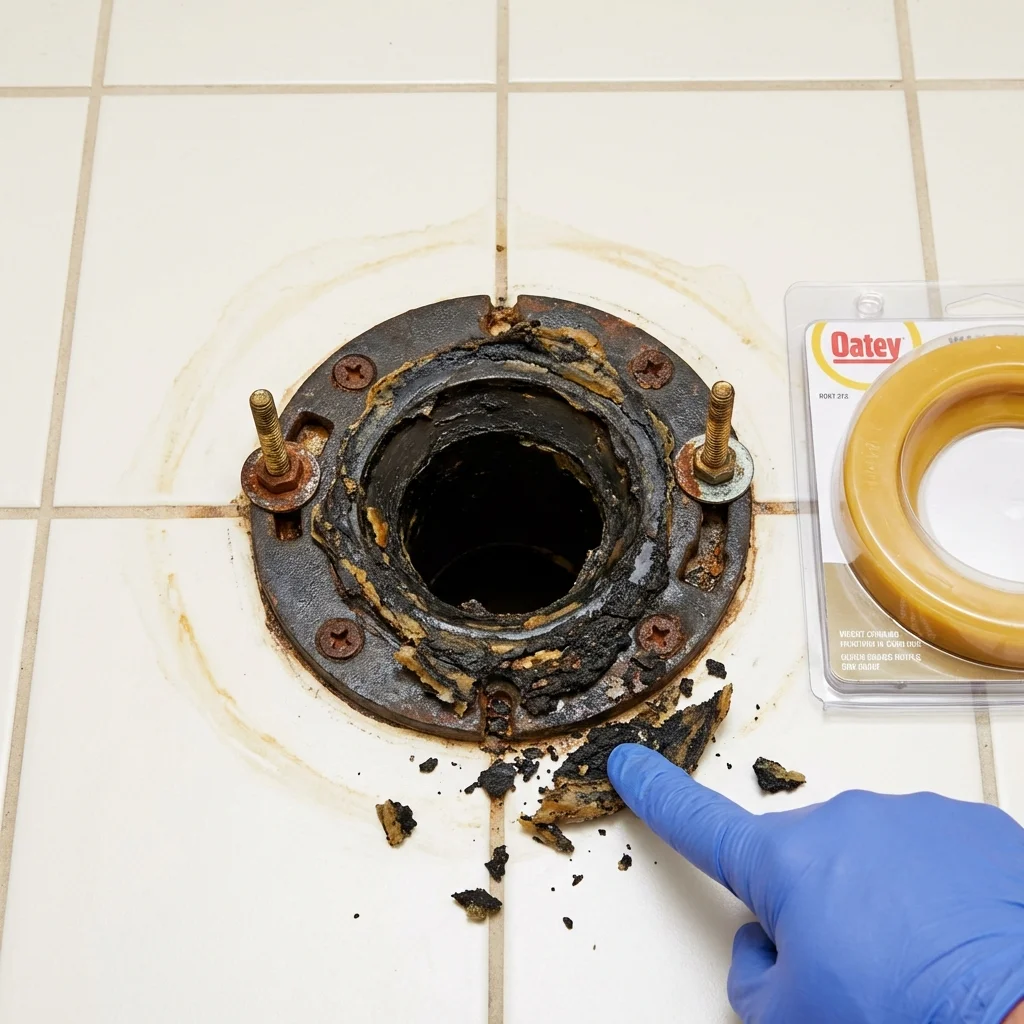 Failed wax ring showing water seepage at the base of a toilet in a Rumford, ME home