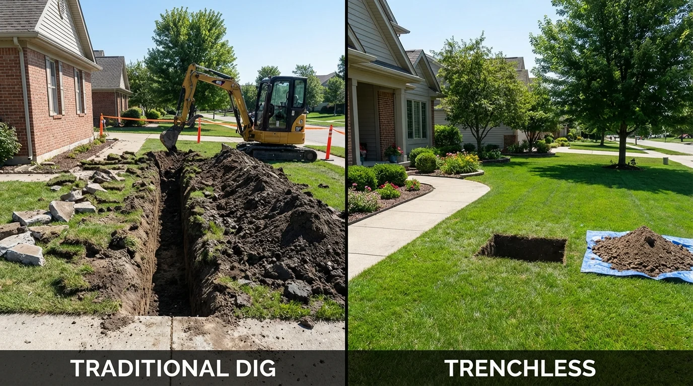 Trenchless sewer repair with minimal yard damage versus traditional excavation in Rumford, ME