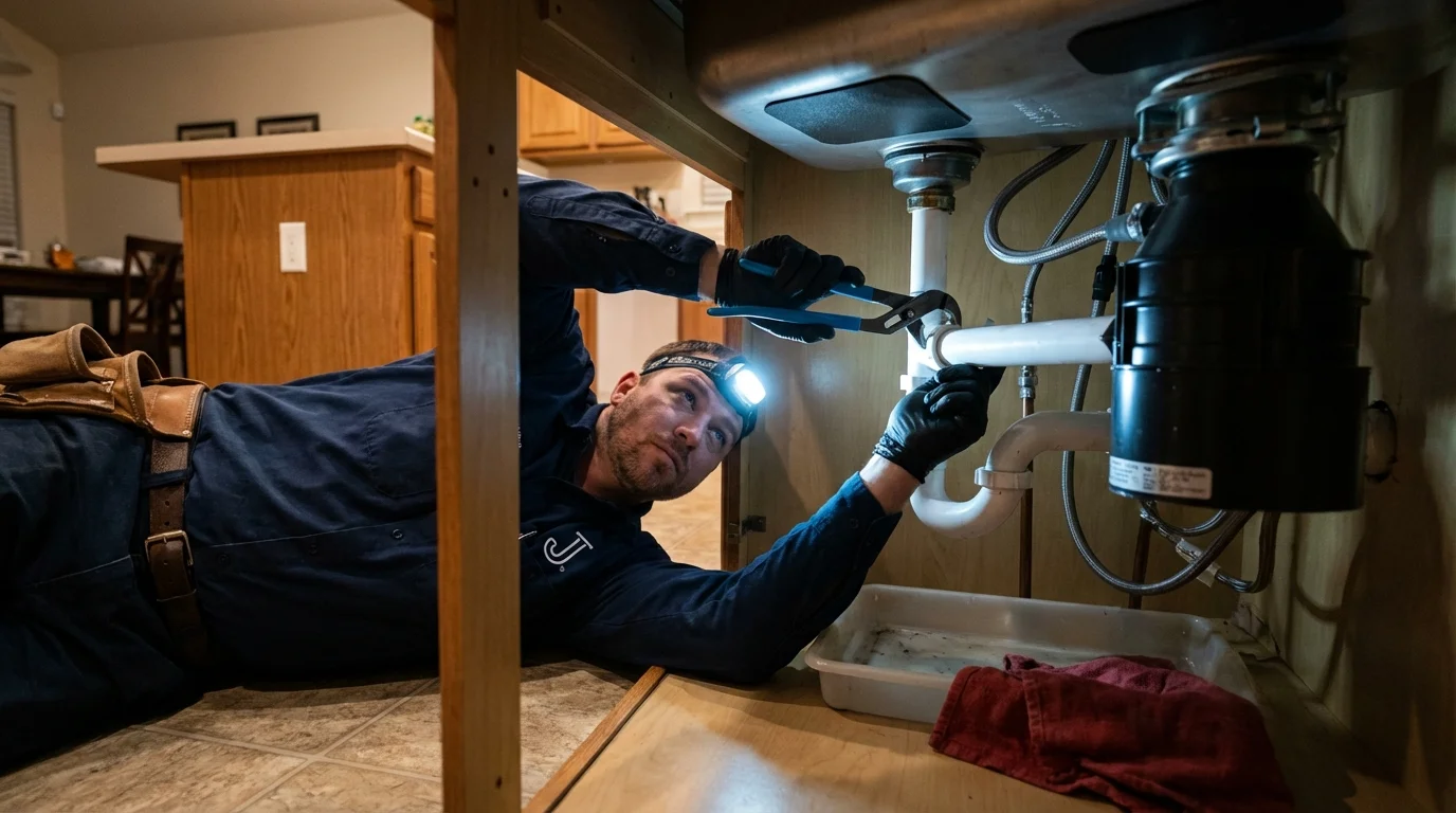 P-trap and supply line connections under a kitchen sink showing a common leak point in Rumford, ME